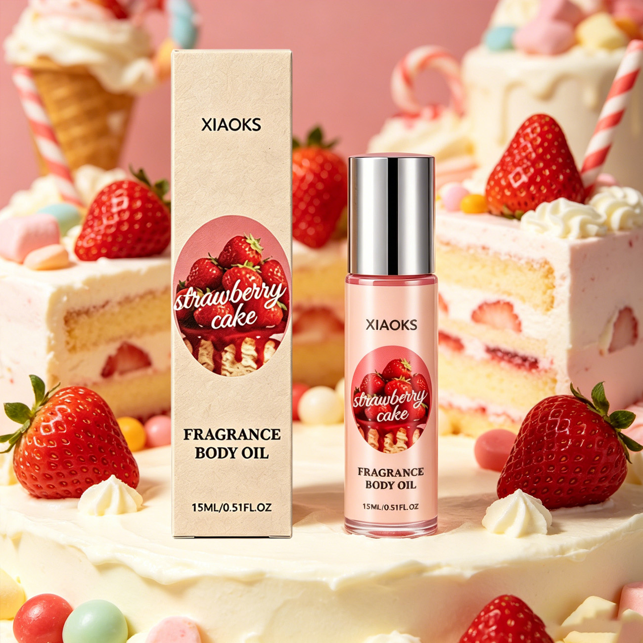 On Perfume & Fragrance Kota Bogor - 1本のストロベリーケーキ型スイートロールオン香水 - 魅力的なフローラルロールオンフレグランス、甘いストロベリーケーキの香り、甘い香り、魅力を高める長持ちする香り、男性を惹きつけるバレンタインデーやカップルの日ギフト、スタイリッシュなグラデーションガラスボトルデザイン、デートやカジュアルウェアに最適、フレッシュでフルーティーなフローラルの香り、あなたの完璧な選択。
