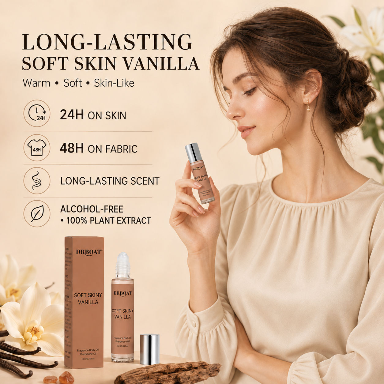 On Perfume & Fragrance Kota Bogor - 女性用ロールオンフレグランスオイル、しっとりとした肌触りのバニラオーラントの香り、アルコールフリーで持ち運びやすく、持続性の高いフェロモンロールオン香水、ギフトに最適。