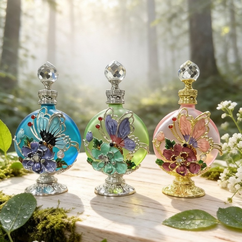 4個入り空の香水瓶、エナメル蝶模様、ゴールドベース、ダイヤモ - Perfume Fragrance Lotion のレビューと価格